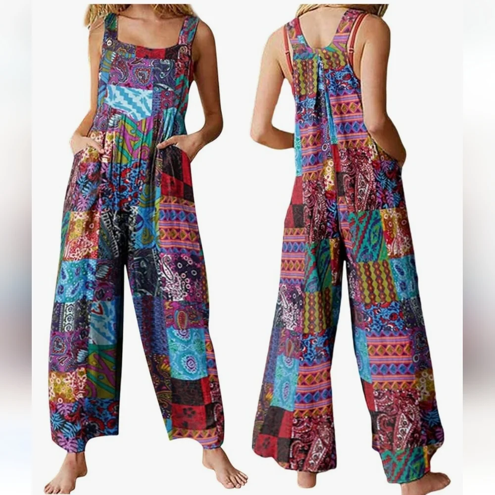 Women Cotton Linen Jumpsuit Casual Loose Summer Romper Boho Floral Adjustable L